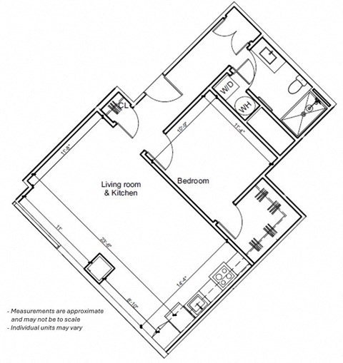 Floor plan for 1 bed, 1 bath, 818 sqft